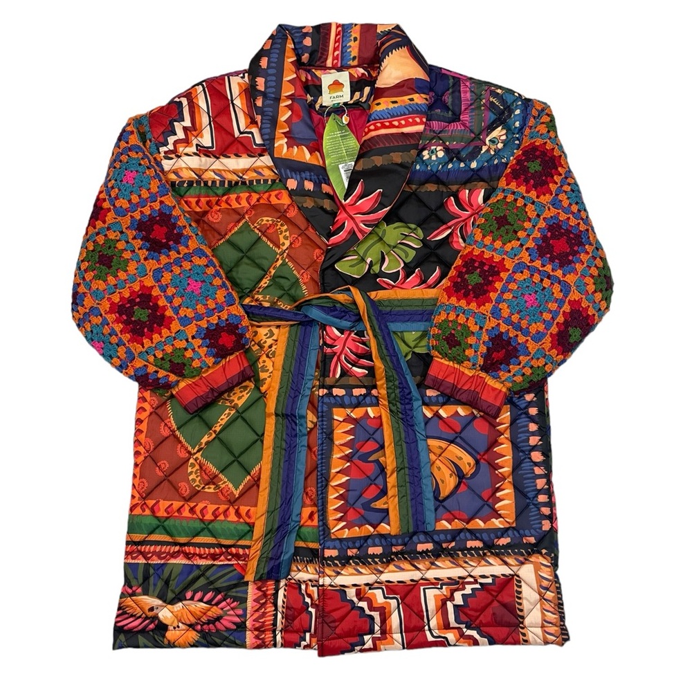 FARM RIO Patchwork Coat Quilted Crochet Sweater Sleeve Trench Boho Print Jacket - Picture 3 of 16